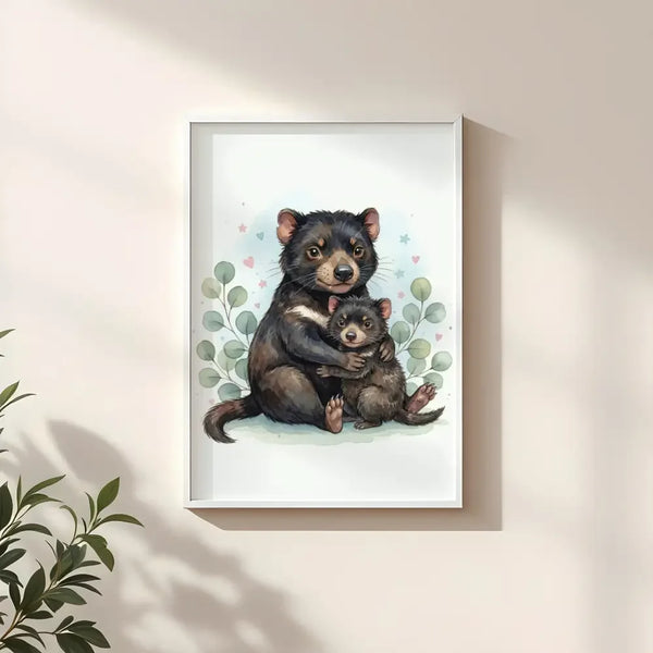 Mama & Baby Tasmanian Devil Nursery Print – Australian Animal Wall Art, Neutral Baby Room Decor, Watercolour Tassie Devil Artwork, Printable Kids Room Poster - Sticksy Prints Australia