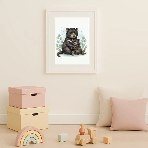 Mama & Baby Tasmanian Devil Nursery Print – Australian Animal Wall Art, Neutral Baby Room Decor, Watercolour Tassie Devil Artwork, Printable Kids Room Poster - Sticksy Prints Australia