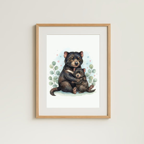 Mama & Baby Tasmanian Devil Nursery Print – Australian Animal Wall Art Neutral Baby Room Decor Watercolour Tassie Devil