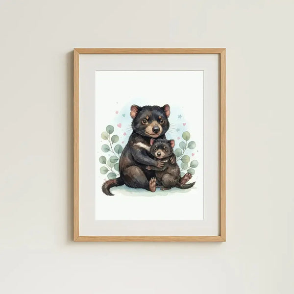 Mama & Baby Tasmanian Devil Nursery Print – Australian Animal Wall Art, Neutral Baby Room Decor, Watercolour Tassie Devil Artwork, Printable Kids Room Poster - Sticksy Prints Australia
