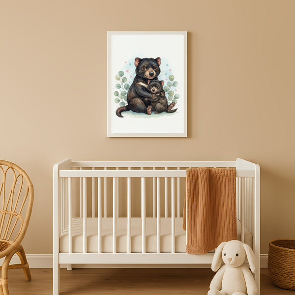 Mama & Baby Tasmanian Devil Nursery Print – Australian Animal Wall Art Neutral Baby Room Decor Watercolour Tassie Devil