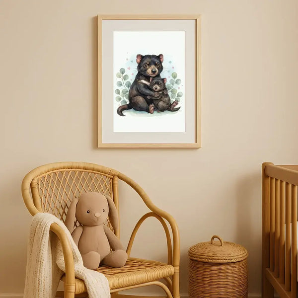 Mama & Baby Tasmanian Devil Nursery Print – Australian Animal Wall Art, Neutral Baby Room Decor, Watercolour Tassie Devil Artwork, Printable Kids Room Poster - Sticksy Prints Australia