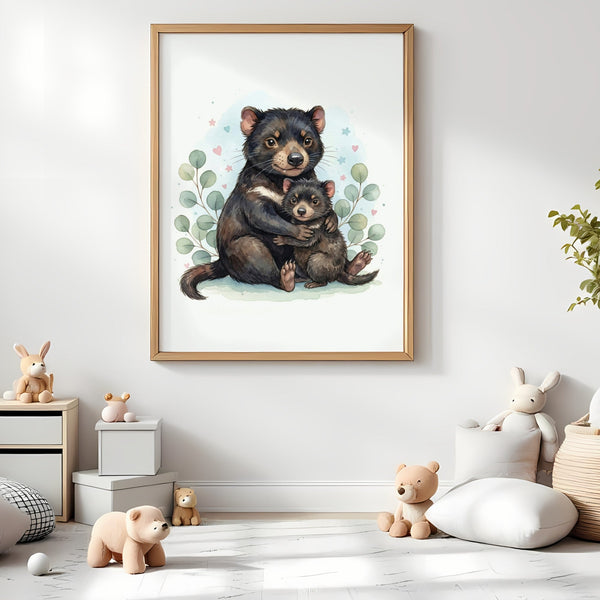 Mama & Baby Tasmanian Devil Nursery Print – Australian Animal Wall Art Neutral Baby Room Decor Watercolour Tassie Devil