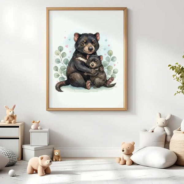 Mama & Baby Tasmanian Devil Nursery Print – Australian Animal Wall Art, Neutral Baby Room Decor, Watercolour Tassie Devil Artwork, Printable Kids Room Poster - Sticksy Prints Australia