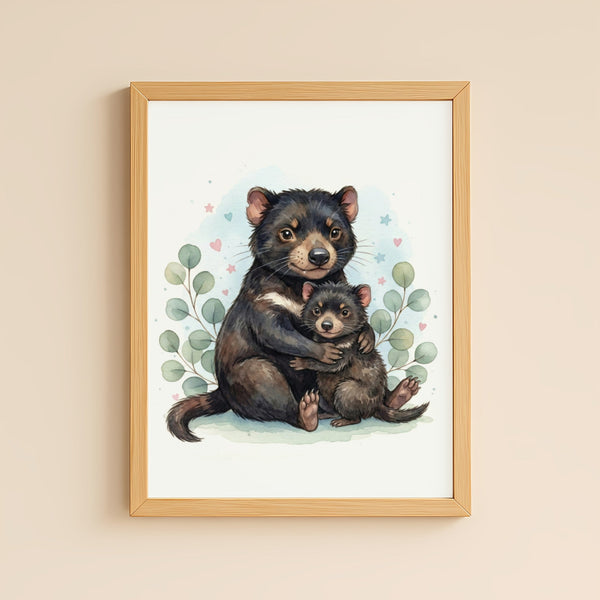Mama & Baby Tasmanian Devil Nursery Print – Australian Animal Wall Art Neutral Baby Room Decor Watercolour Tassie Devil
