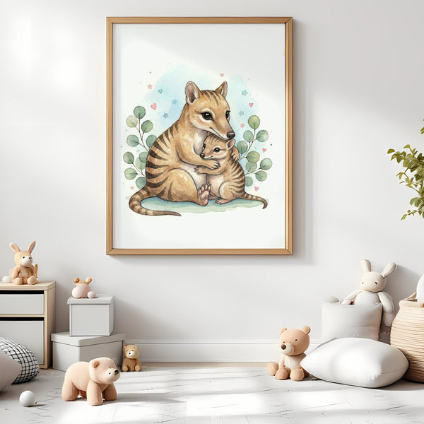 Mama & Baby Thylacine Nursery Print – Tasmanian Tiger Wall Art Australian Animal Decor Watercolour Thylacine Artwork