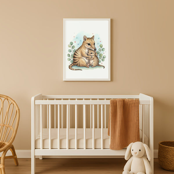Mama & Baby Thylacine Nursery Print – Tasmanian Tiger Wall Art Australian Animal Decor Watercolour Thylacine Artwork