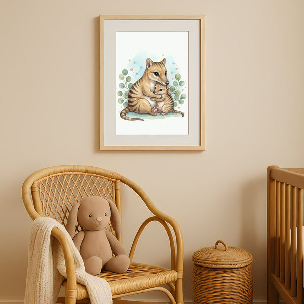 Mama & Baby Thylacine Nursery Print – Tasmanian Tiger Wall Art Australian Animal Decor Watercolour Thylacine Artwork