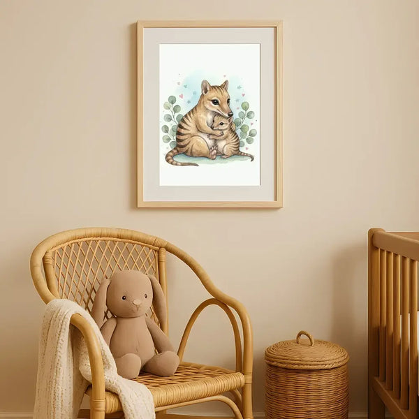 Mama & Baby Thylacine Nursery Print – Tasmanian Tiger Wall Art, Australian Animal Decor, Watercolour Thylacine Artwork, Printable Kids Room Poster - Sticksy Prints Australia
