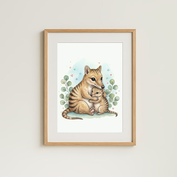 Mama & Baby Thylacine Nursery Print – Tasmanian Tiger Wall Art Australian Animal Decor Watercolour Thylacine Artwork