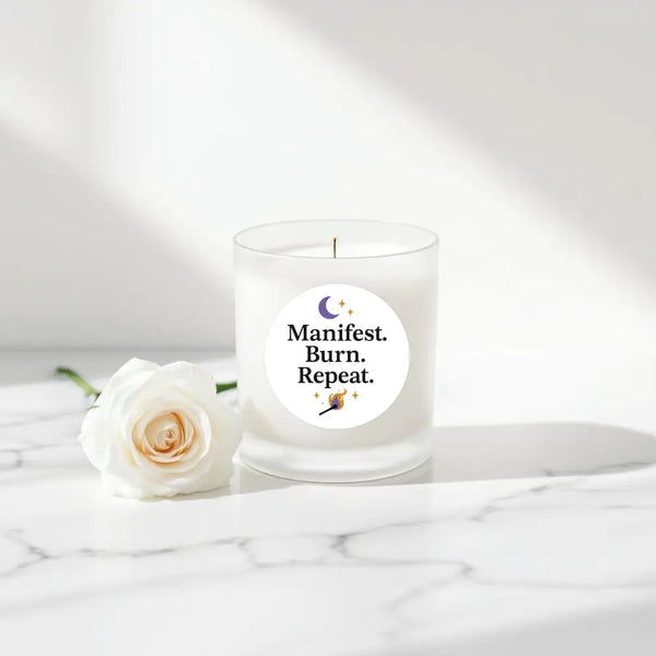 “Manifest. Burn. Repeat.” Candle Label Stickers