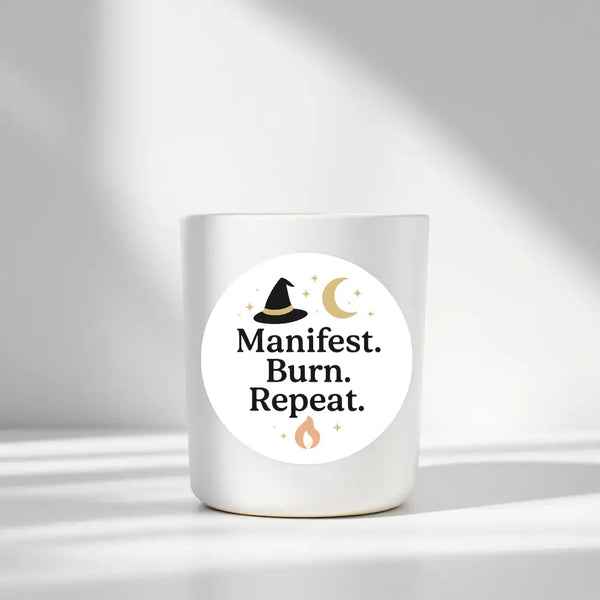 “Manifest. Burn. Repeat.” (Gold Edition) Candle Label Stickers - Sticksy Prints Australia