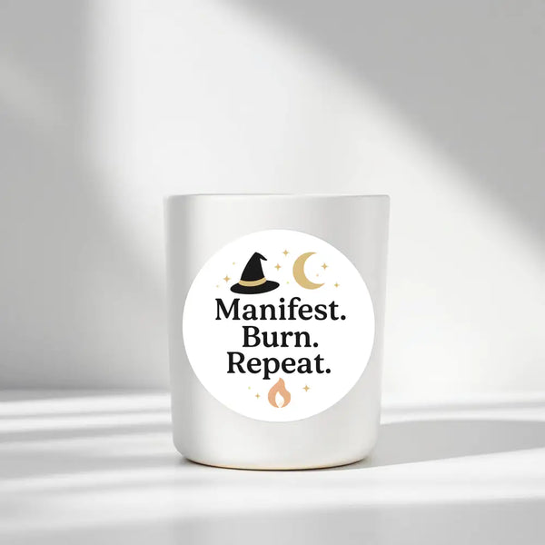 “Manifest. Burn. Repeat.” (Gold Edition) Candle Label Stickers