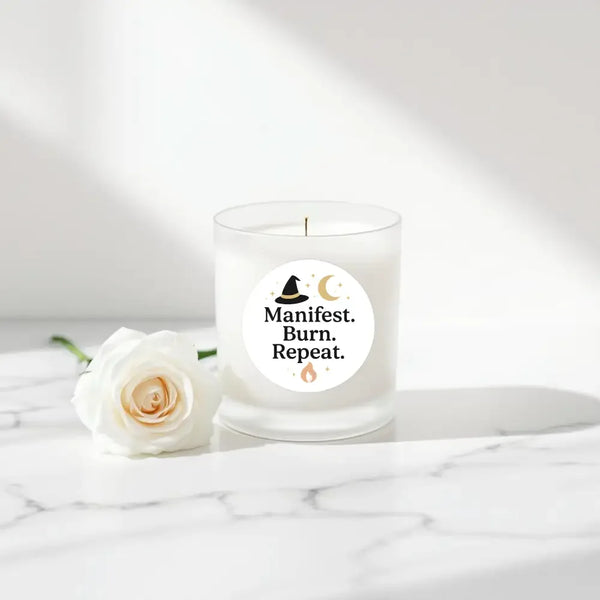 “Manifest. Burn. Repeat.” (Gold Edition) Candle Label Stickers - Sticksy Prints Australia