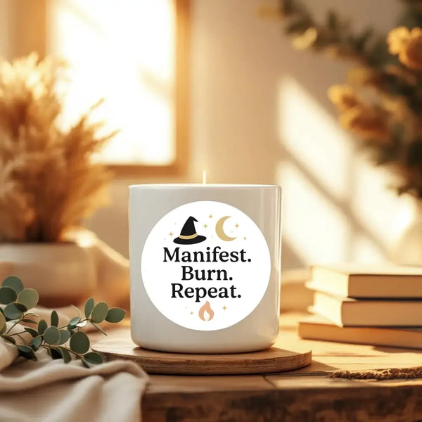 “Manifest. Burn. Repeat.” (Gold Edition) Candle Label Stickers - Sticksy Prints Australia