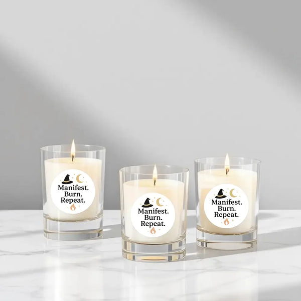 “Manifest. Burn. Repeat.” (Gold Edition) Candle Label Stickers - Sticksy Prints Australia