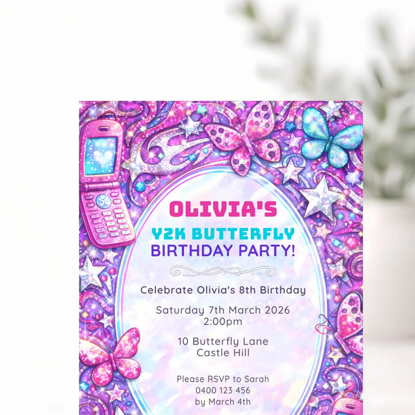 Y2K Butterfly Birthday Invitations | Retro Pink Purple Glam Kids Party Invite - Sticksy Prints Australia