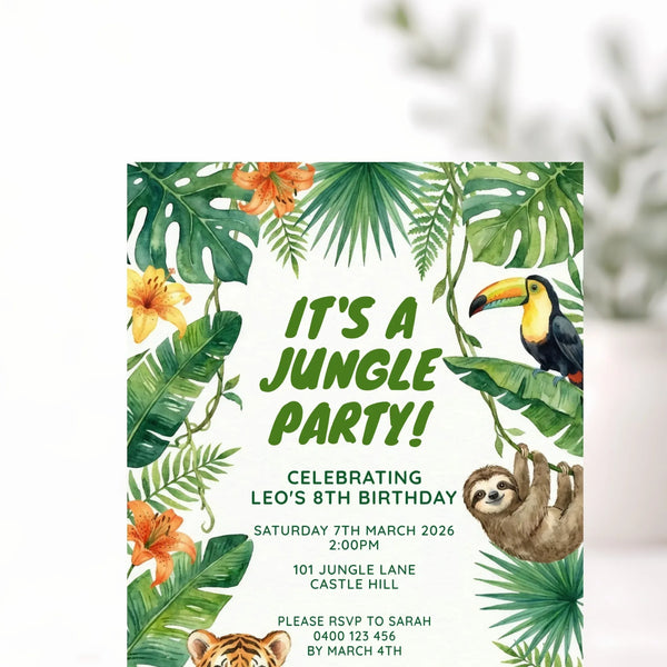 Personalised Jungle Birthday Invitations | Tropical Animal Kids Party Invite - Sticksy Prints Australia