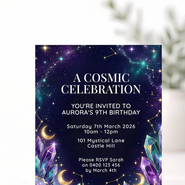 Personalised Cosmic Birthday Invitations | Galaxy Crystal Celestial Party Invite - Sticksy Prints Australia