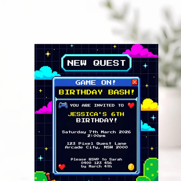 Pixel Game Birthday Invitation | Video Game Party Invite | Retro Gamer Theme - Sticksy Prints Australia