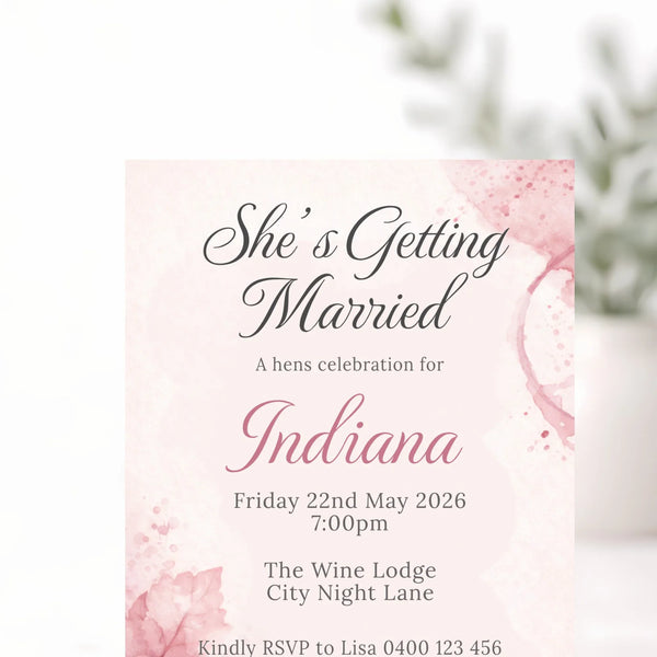 Personalised Hens Party Invitation | Wine Inspired Modern Glam Blush & Gold | Printed 4×6 Invite - Sticksy Prints Australia
