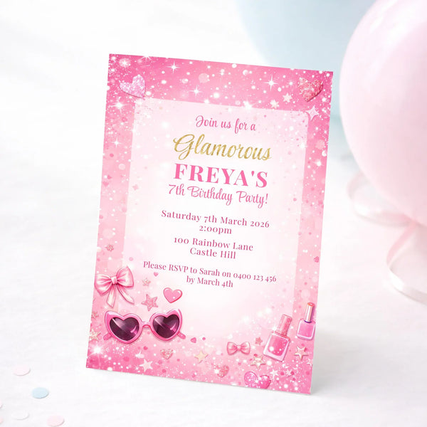 Personalised Pink Glam Birthday Party Invitations Printed Invites - Sticksy Prints Australia