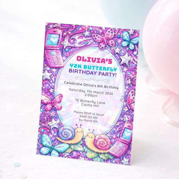 Y2K Butterfly Birthday Invitations | Retro Pink Purple Glam Kids Party Invite - Sticksy Prints Australia