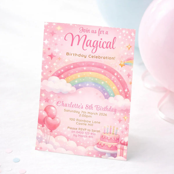 Personalised Rainbow Birthday Party Invitations Printed Magical Pink - Sticksy Prints Australia