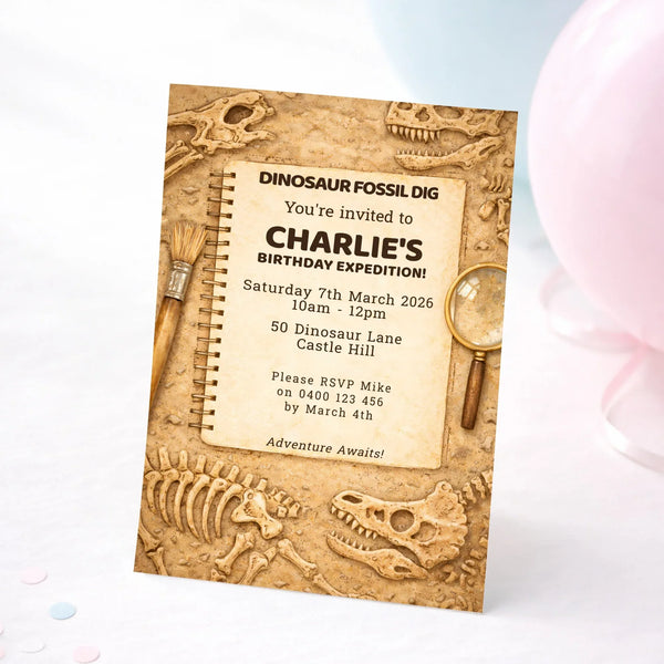 Personalised Dinosaur Fossil Dig Birthday Invitations Printed - Sticksy Prints Australia