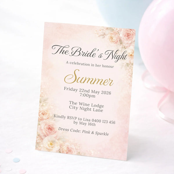 Personalised Hens Party Invitation | Romantic Floral Blush & Gold | Printed 4×6 Invite - Sticksy Prints Australia
