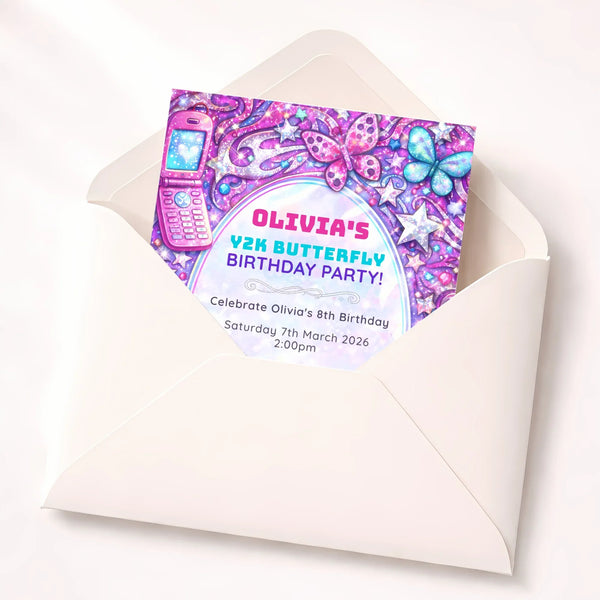 Y2K Butterfly Birthday Invitations | Retro Pink Purple Glam Kids Party Invite - Sticksy Prints Australia