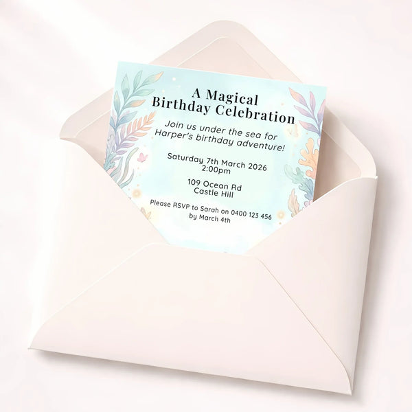Personalised Mermaid Birthday Party Invitations Printed Under the Sea Kids Invite - Sticksy Prints Australia