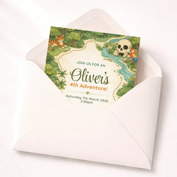 Personalised Jungle Adventure Birthday Invitations | Explorer Map Kids Party Invite - Sticksy Prints Australia