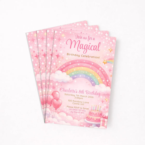 Personalised Rainbow Birthday Party Invitations Printed Magical Pink - Sticksy Prints Australia