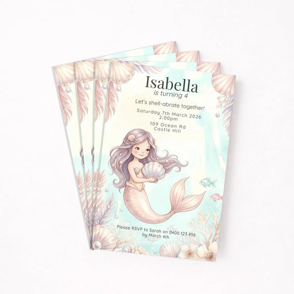 Personalised Mermaid Birthday Party Invitations Printed Kids Invite Under the Sea - Sticksy Prints Australia
