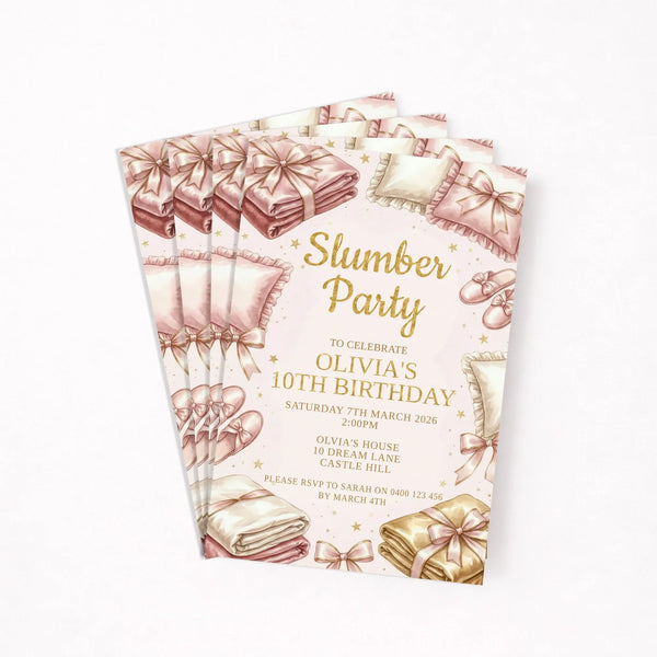 Personalised Slumber Party Birthday Invitation – Elegant Blush & Gold Sleepover - Sticksy Prints Australia