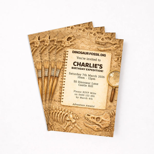 Personalised Dinosaur Fossil Dig Birthday Invitations Printed - Sticksy Prints Australia