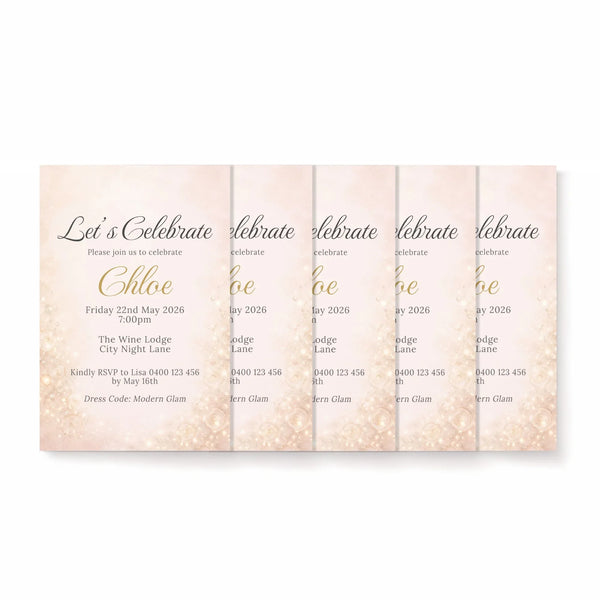Personalised Hens Party Invitation | Champagne Sparkle Blush & Gold | Printed 4×6 Invite - Sticksy Prints Australia