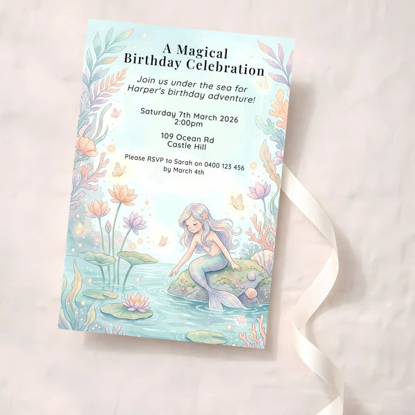 Personalised Mermaid Birthday Party Invitations Printed Under the Sea Kids Invite - Sticksy Prints Australia