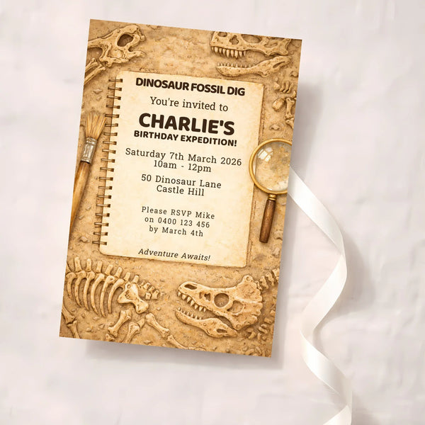 Personalised Dinosaur Fossil Dig Birthday Invitations Printed - Sticksy Prints Australia