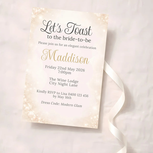 Personalised Hens Party Invitation | Champagne Toast Elegant Glam | Printed 4×6 Invite - Sticksy Prints Australia