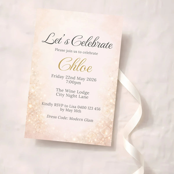 Personalised Hens Party Invitation | Champagne Sparkle Blush & Gold | Printed 4×6 Invite - Sticksy Prints Australia