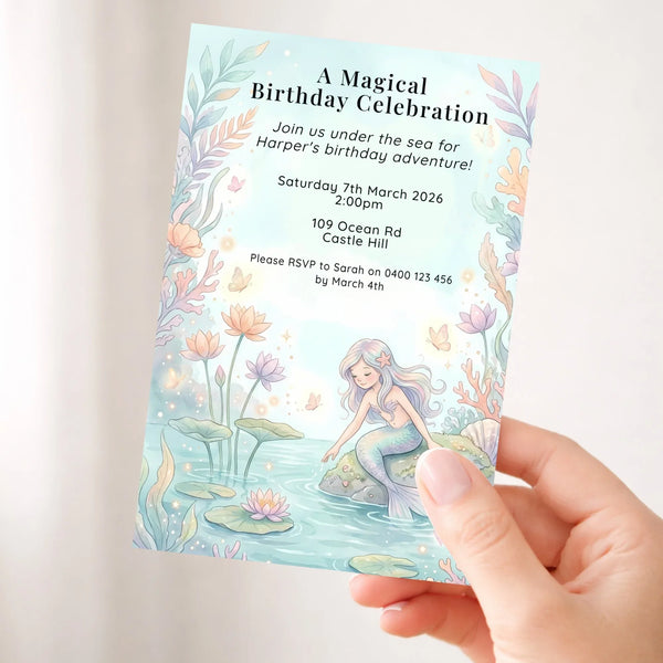 Personalised Mermaid Birthday Party Invitations Printed Under the Sea Kids Invite - Sticksy Prints Australia