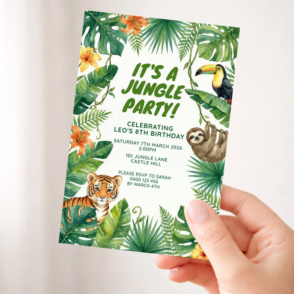 Personalised Jungle Birthday Invitations | Tropical Animal Kids Party Invite - Sticksy Prints Australia