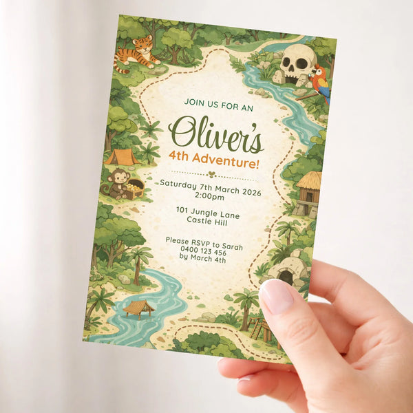 Personalised Jungle Adventure Birthday Invitations | Explorer Map Kids Party Invite - Sticksy Prints Australia