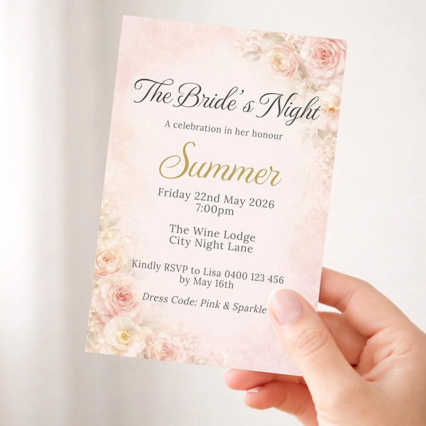 Personalised Hens Party Invitation | Romantic Floral Blush & Gold | Printed 4×6 Invite - Sticksy Prints Australia