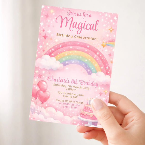 Personalised Rainbow Birthday Party Invitations Printed Magical Pink - Sticksy Prints Australia