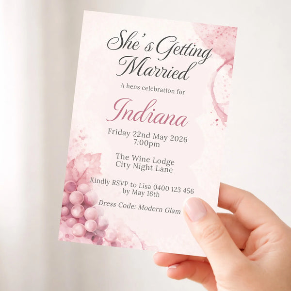 Personalised Hens Party Invitation | Wine Inspired Modern Glam Blush & Gold | Printed 4×6 Invite - Sticksy Prints Australia