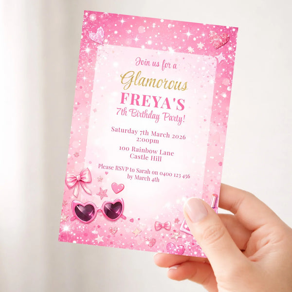 Personalised Pink Glam Birthday Party Invitations Printed Invites - Sticksy Prints Australia