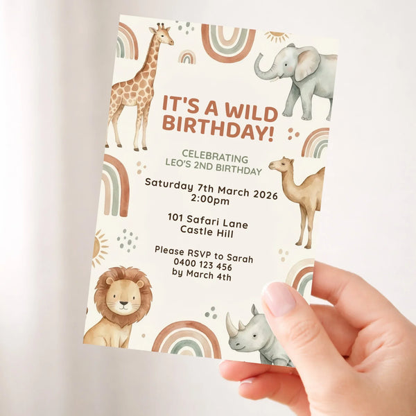 Personalised Safari Animal Birthday Invitations | Wild One Jungle Party Invite - Sticksy Prints Australia